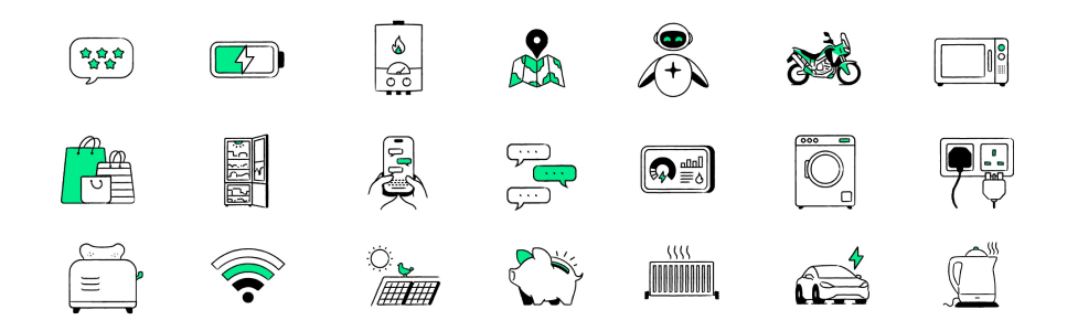 Grid of small spot icon illustrations in the finished Uswitch style, covering household and energy themes.