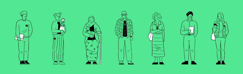 Line-art character line-up in the finished Uswitch illustration style, in green and black.