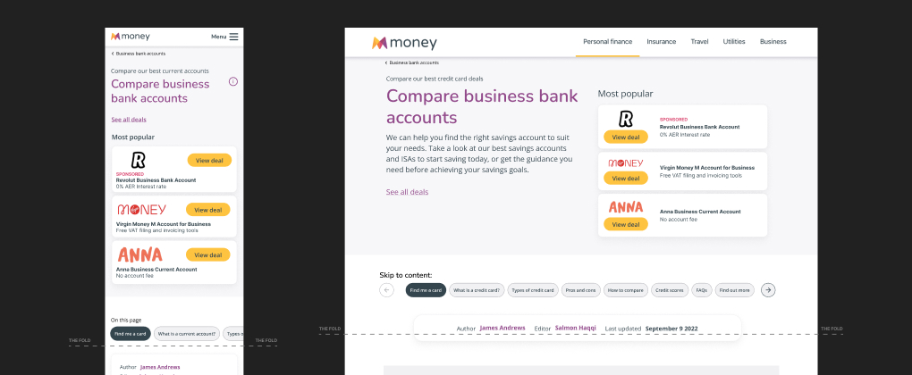 Mobile and desktop views of the money.co.uk 'Compare business bank accounts' page.