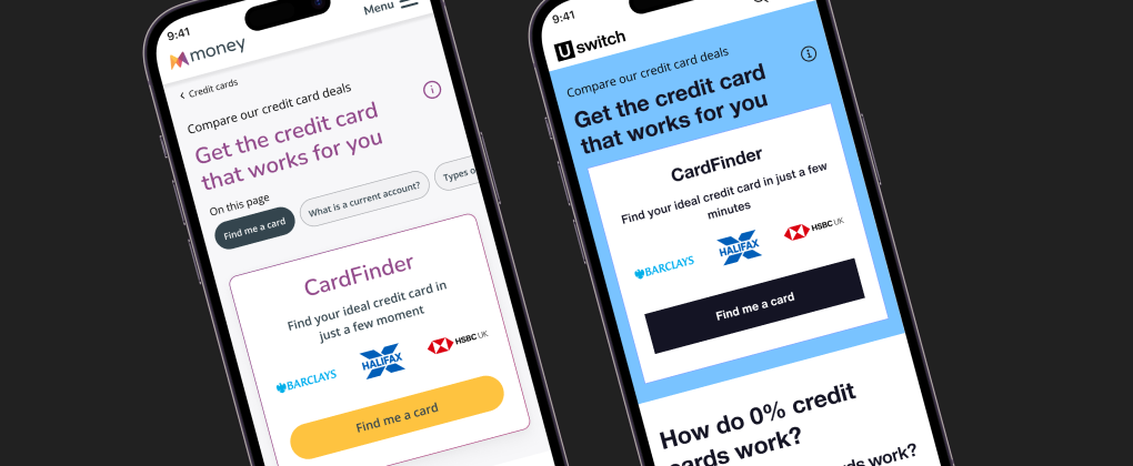 Two phone mockups showing money.co.uk and Uswitch versions of the CardFinder credit card comparison tool.