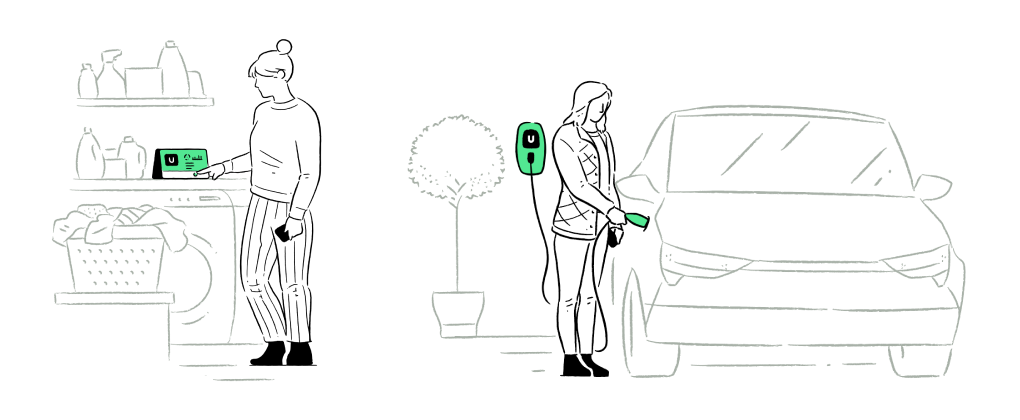 Line-art illustrations of two people using Uswitch-branded devices: one at a laundry appliance, one plugging in an electric car.