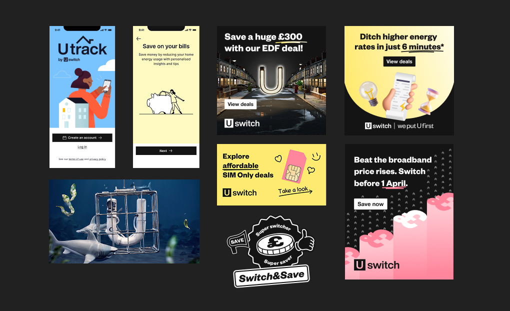Grid of existing Uswitch marketing creative in inconsistent visual styles.