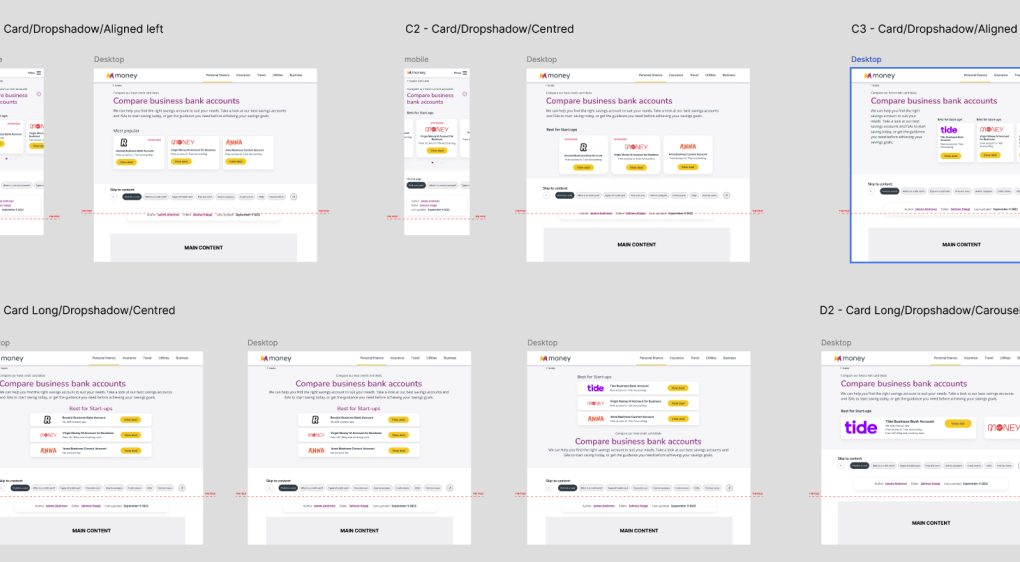 Further styled comparisons of card layouts with partner branding, tested against the live money.co.uk design.