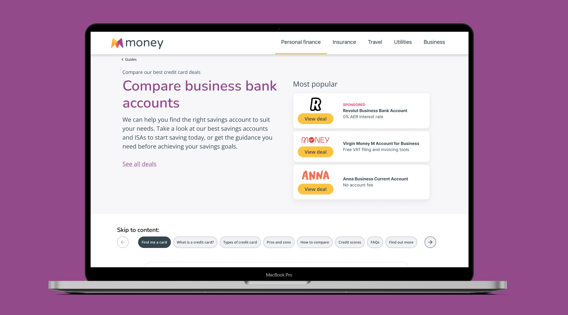 Laptop and phone mockup of the finished 'Compare business bank accounts' experience on a purple background.