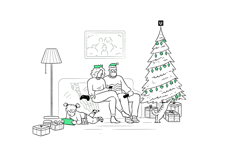 Seasonal illustrated scene of a family at Christmas, in the finished Uswitch illustration style.